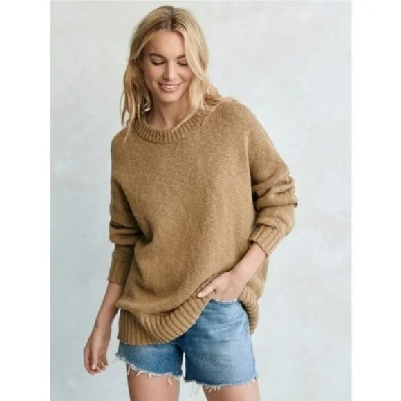 🆕️ Jenni Kayne Cruise Boyfriend Sweater Brown Chunky Linen Blend XL Mimimalist